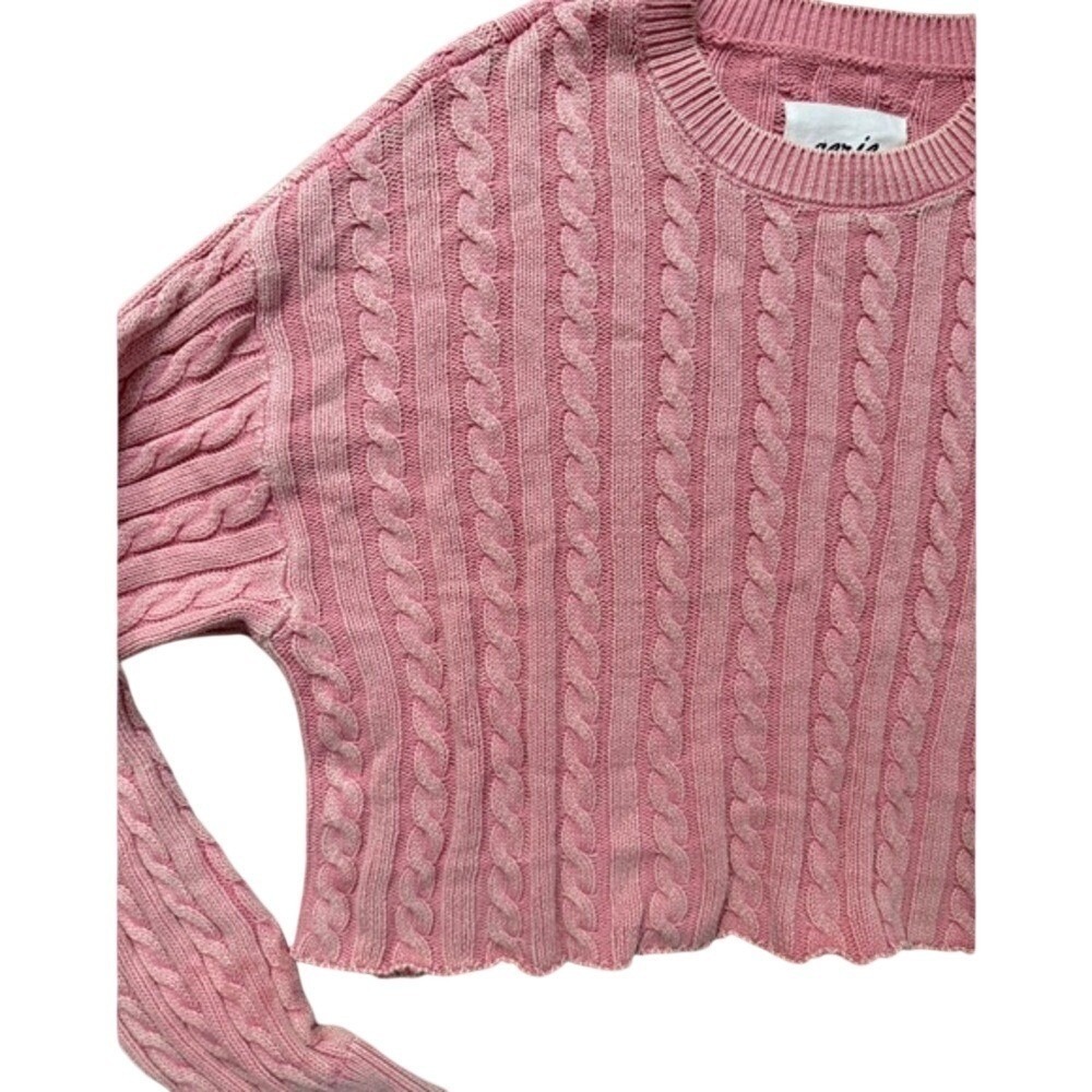 Aerie Cotton Pink Cable Knit Cropped Sweater L Barbiecore Coquette Clean Girl - Picture 6 of 8